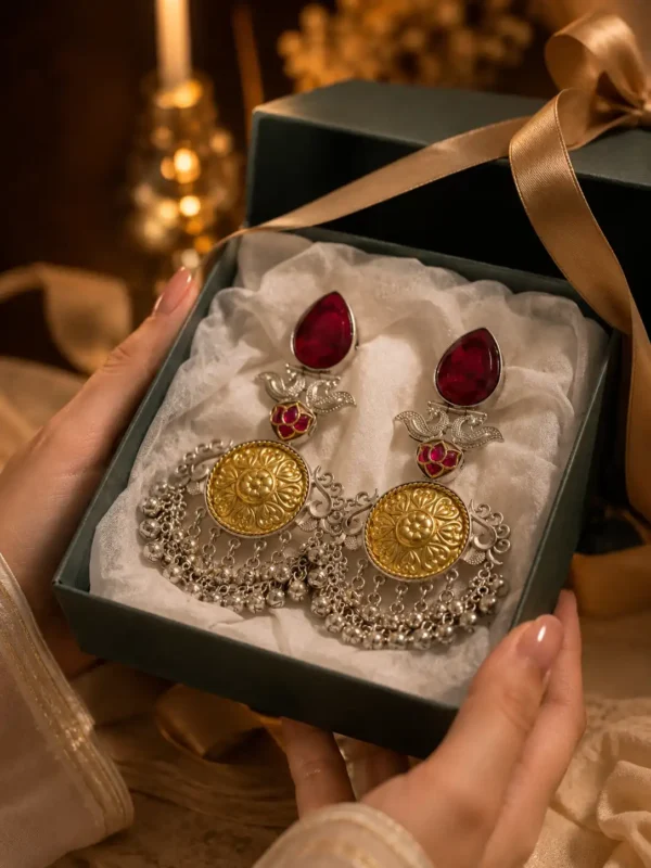 kashmiri statement earrings for women – Gulnaar Shalimar Two-Tone Chandbali Earrings, additional product view 8