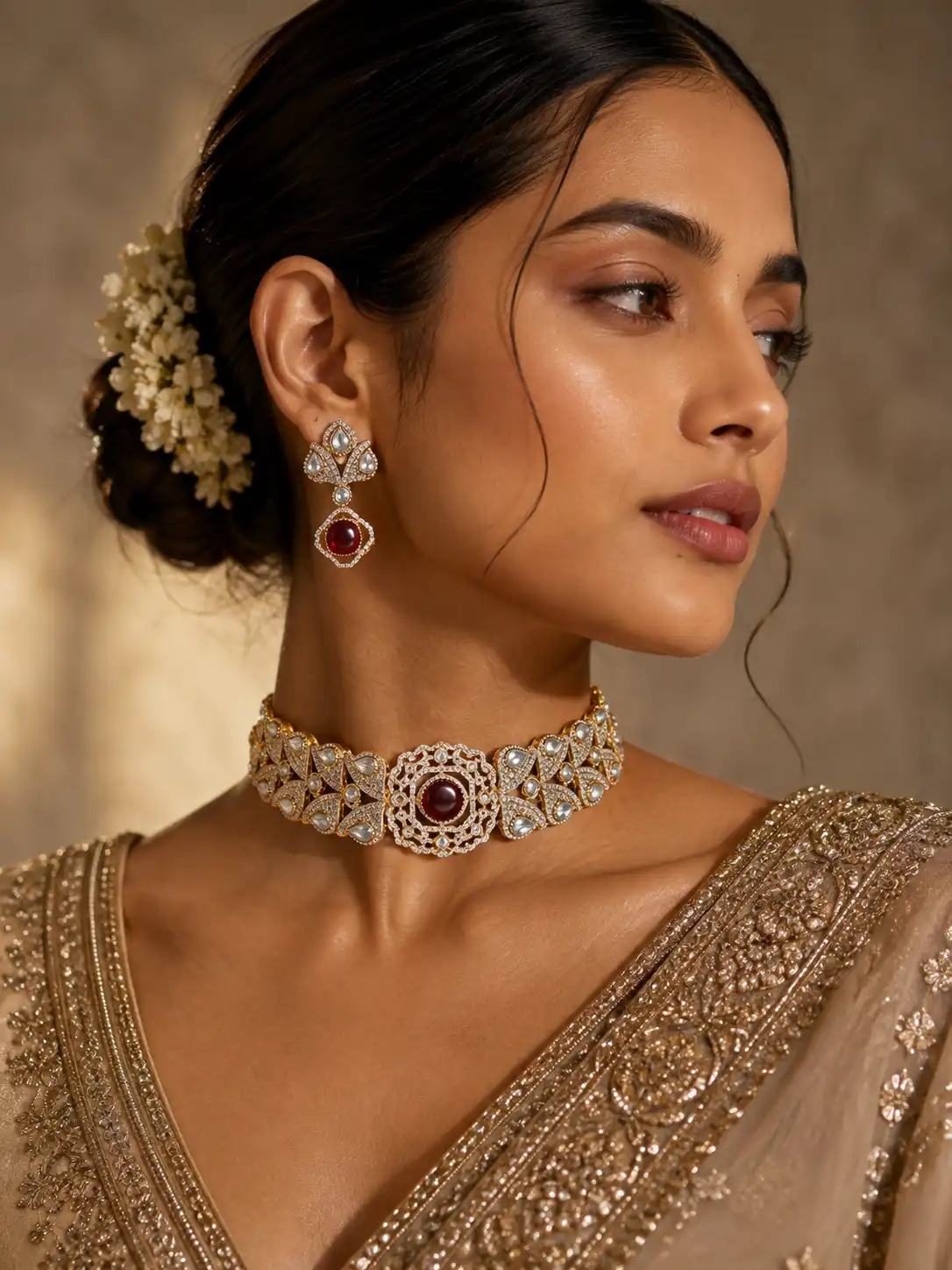 premium artificial necklace set for wedding wear – Rajnoor Wine & Clear Leaf Choker Set, additional product view 7
