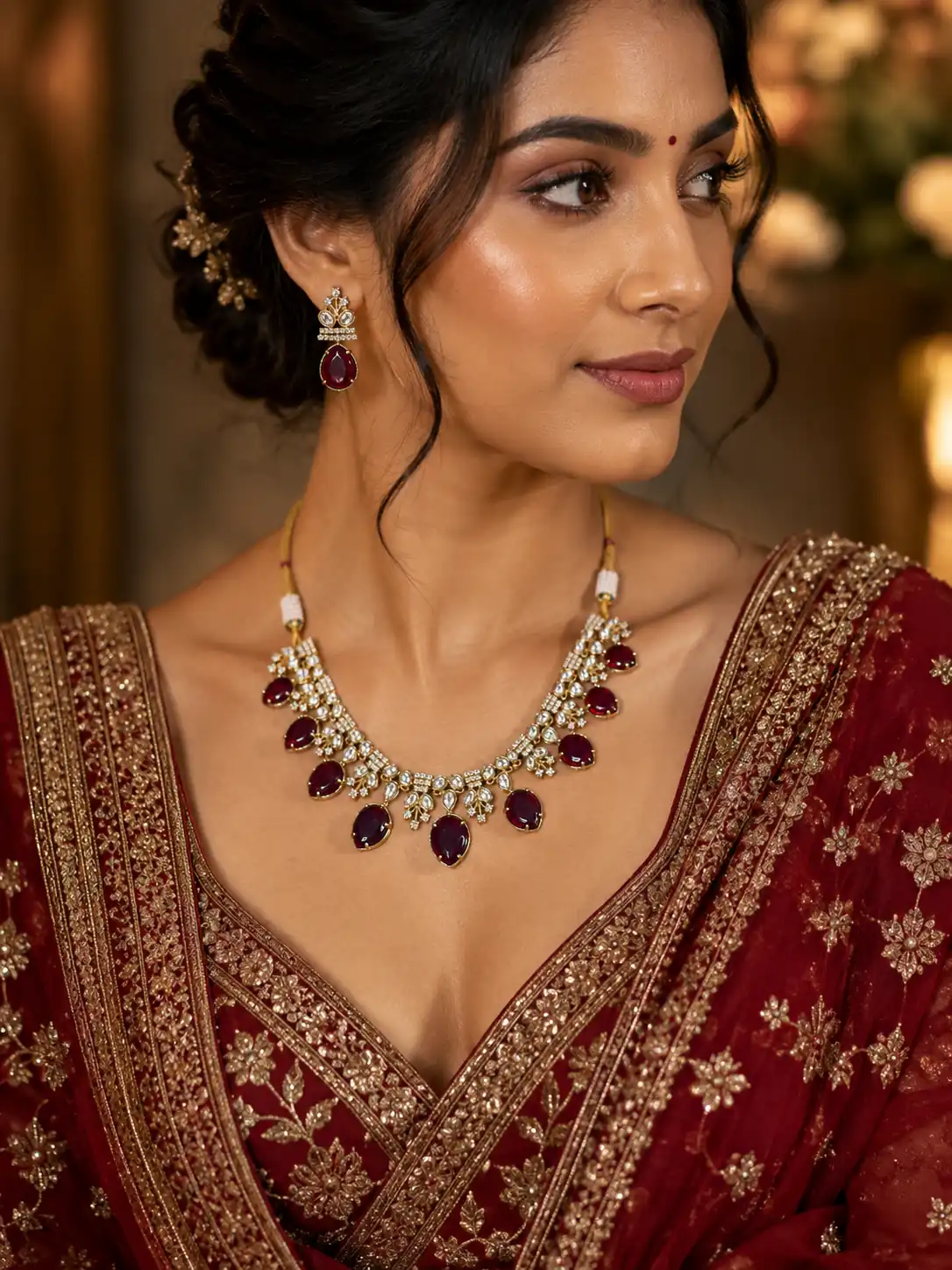 wine drop polki style necklace set for wedding and festive wear – Nazakat Wine Drop Polki-Style Necklace Set, additional product view 6