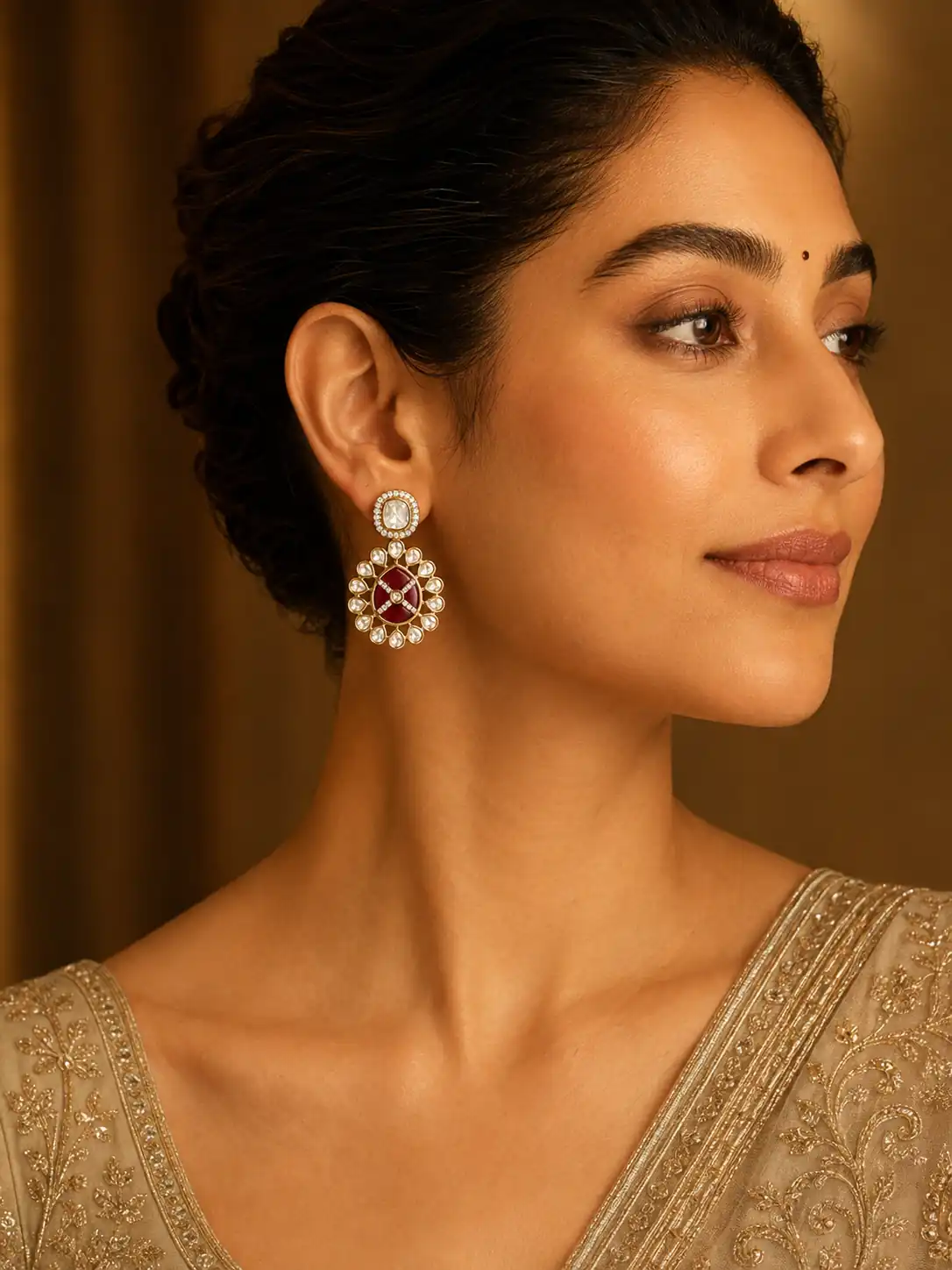 wine halo earrings for wedding and festive wear – Gulnaar Chakra Wine Halo Earrings, additional product view 3