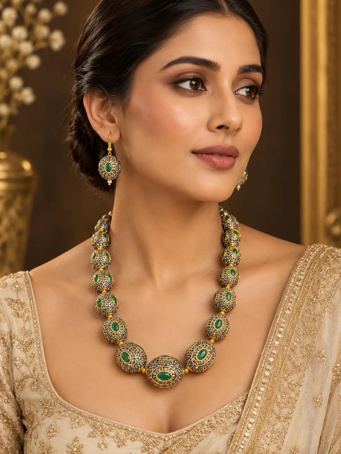 emerald heritage necklace set – Maharani Emerald Ornate Bead Necklace Set, additional product view 2